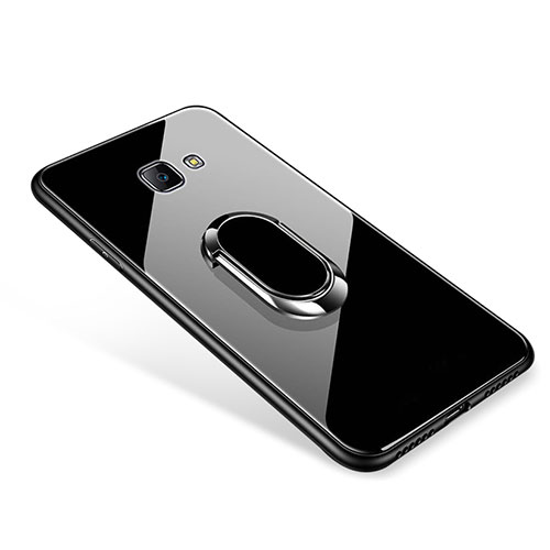 Silicone Frame Mirror Case Cover with Finger Ring Stand for Samsung Galaxy On7 (2016) G6100 Black