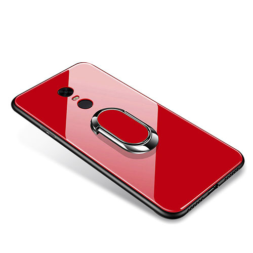 Silicone Frame Mirror Case Cover with Finger Ring Stand for Xiaomi Redmi 5 Plus Red