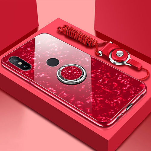 Silicone Frame Mirror Case Cover with Magnetic Finger Ring Stand A01 for Xiaomi Mi 6X Red