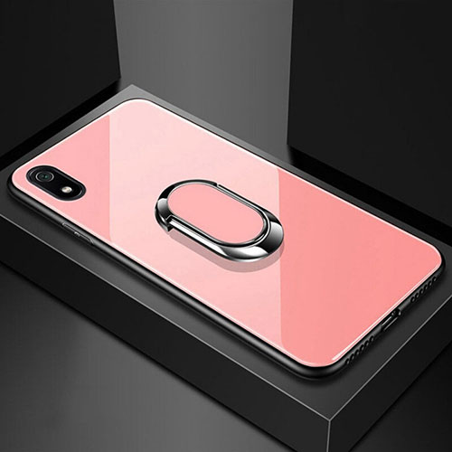 Silicone Frame Mirror Case Cover with Magnetic Finger Ring Stand A01 for Xiaomi Redmi 7A Rose Gold