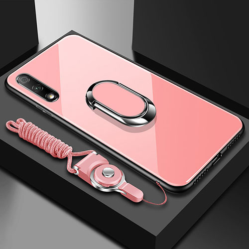Silicone Frame Mirror Case Cover with Magnetic Finger Ring Stand for Huawei Enjoy 10 Pink