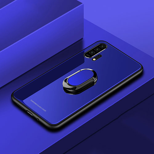 Silicone Frame Mirror Case Cover with Magnetic Finger Ring Stand for Huawei Honor 20 Pro Blue
