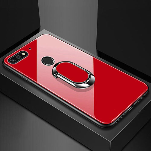 Silicone Frame Mirror Case Cover with Magnetic Finger Ring Stand for Huawei Honor 7A Red