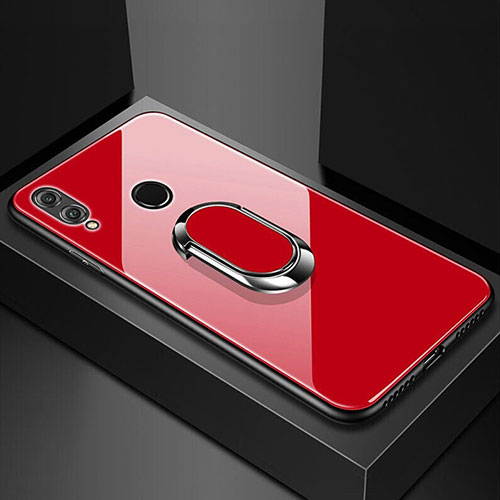 Silicone Frame Mirror Case Cover with Magnetic Finger Ring Stand for Huawei Honor V10 Lite Red