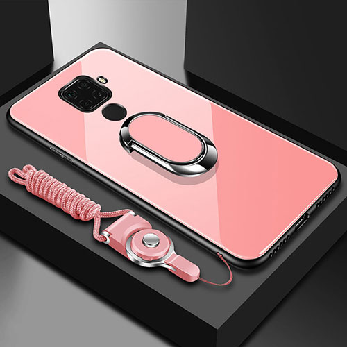 Silicone Frame Mirror Case Cover with Magnetic Finger Ring Stand for Huawei Mate 30 Lite Pink