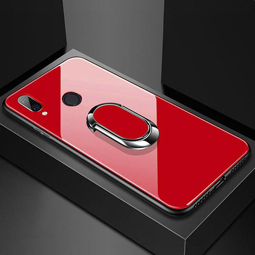 Silicone Frame Mirror Case Cover with Magnetic Finger Ring Stand for Huawei Nova 3e Red