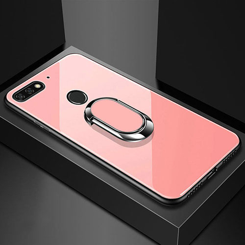 Silicone Frame Mirror Case Cover with Magnetic Finger Ring Stand for Huawei Y6 (2018) Rose Gold