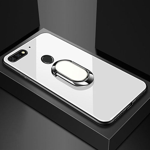 Silicone Frame Mirror Case Cover with Magnetic Finger Ring Stand for Huawei Y6 (2018) White