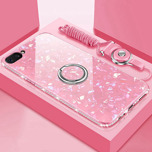 Silicone Frame Mirror Case Cover with Magnetic Finger Ring Stand for Oppo A12e Pink