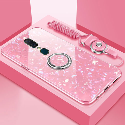 Silicone Frame Mirror Case Cover with Magnetic Finger Ring Stand for Oppo A9X Pink