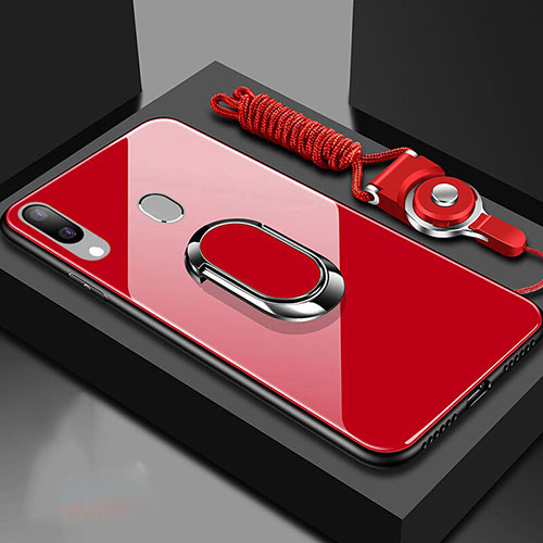 Silicone Frame Mirror Case Cover with Magnetic Finger Ring Stand for Samsung Galaxy A30 Red