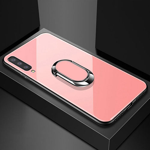 Silicone Frame Mirror Case Cover with Magnetic Finger Ring Stand for Samsung Galaxy A90 5G Rose Gold