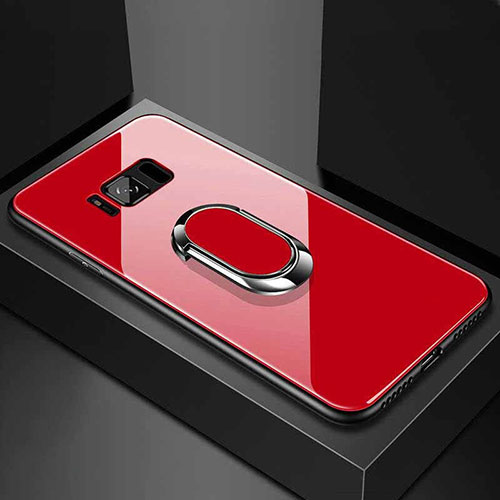 Silicone Frame Mirror Case Cover with Magnetic Finger Ring Stand for Samsung Galaxy S8 Plus Red