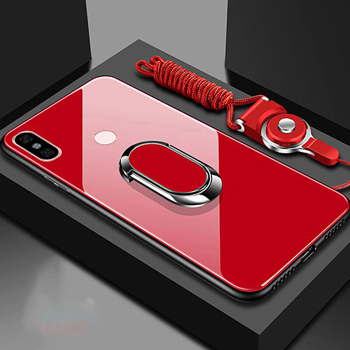 Silicone Frame Mirror Case Cover with Magnetic Finger Ring Stand for Xiaomi Mi 6X Red