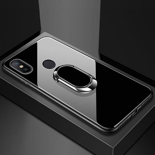 Silicone Frame Mirror Case Cover with Magnetic Finger Ring Stand for Xiaomi Mi 8 Black