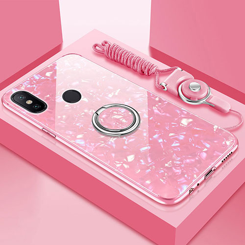 Silicone Frame Mirror Case Cover with Magnetic Finger Ring Stand for Xiaomi Redmi 6 Pro Pink