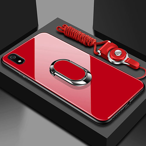 Silicone Frame Mirror Case Cover with Magnetic Finger Ring Stand for Xiaomi Redmi 7A Red