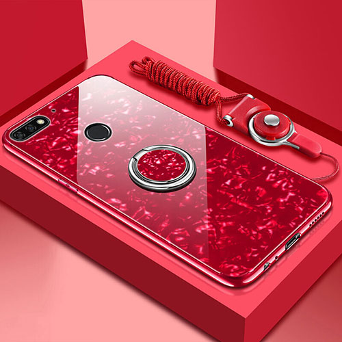 Silicone Frame Mirror Case Cover with Magnetic Finger Ring Stand M01 for Huawei Y6 (2018) Red