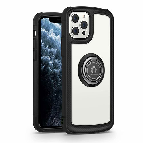 Silicone Frame Mirror Case Cover with Magnetic Finger Ring Stand N01 for Apple iPhone 12 Pro Black