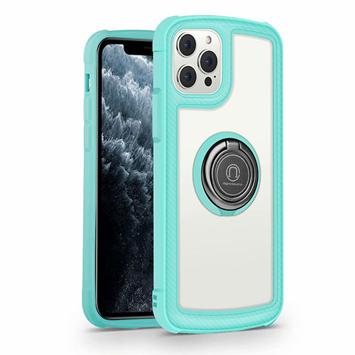 Silicone Frame Mirror Case Cover with Magnetic Finger Ring Stand N01 for Apple iPhone 12 Pro Cyan