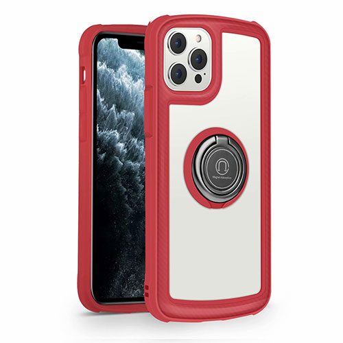 Silicone Frame Mirror Case Cover with Magnetic Finger Ring Stand N01 for Apple iPhone 12 Pro Red