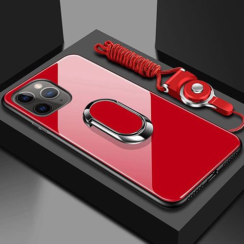 Silicone Frame Mirror Case Cover with Magnetic Finger Ring Stand T01 for Apple iPhone 11 Pro Red