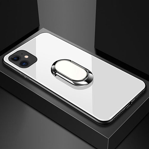 Silicone Frame Mirror Case Cover with Magnetic Finger Ring Stand T01 for Apple iPhone 11 White
