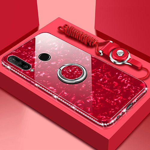 Silicone Frame Mirror Case Cover with Magnetic Finger Ring Stand T01 for Huawei Honor 20i Red