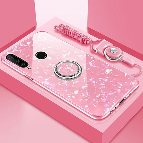 Silicone Frame Mirror Case Cover with Magnetic Finger Ring Stand T01 for Huawei P30 Lite Pink