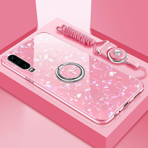 Silicone Frame Mirror Case Cover with Magnetic Finger Ring Stand T01 for Huawei P30 Pink