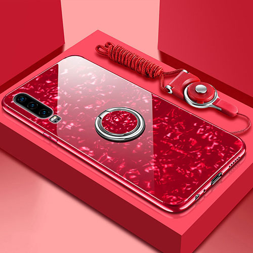 Silicone Frame Mirror Case Cover with Magnetic Finger Ring Stand T01 for Huawei P30 Red