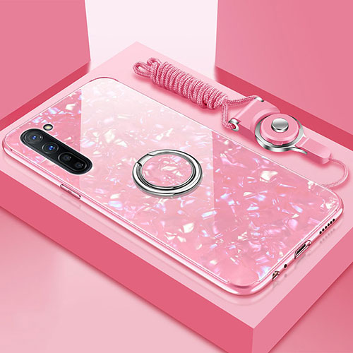 Silicone Frame Mirror Case Cover with Magnetic Finger Ring Stand T01 for Oppo A91 Pink