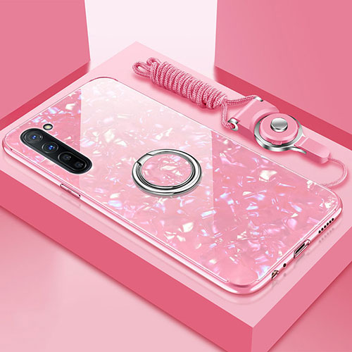 Silicone Frame Mirror Case Cover with Magnetic Finger Ring Stand T01 for Oppo Find X2 Lite Pink