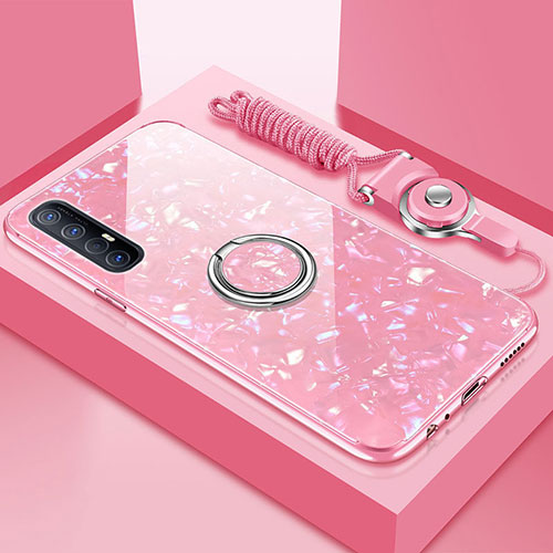 Silicone Frame Mirror Case Cover with Magnetic Finger Ring Stand T01 for Oppo Find X2 Neo Pink