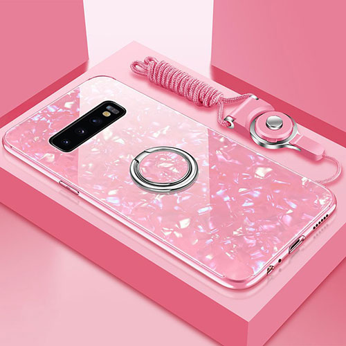 Silicone Frame Mirror Case Cover with Magnetic Finger Ring Stand T01 for Samsung Galaxy S10 Pink