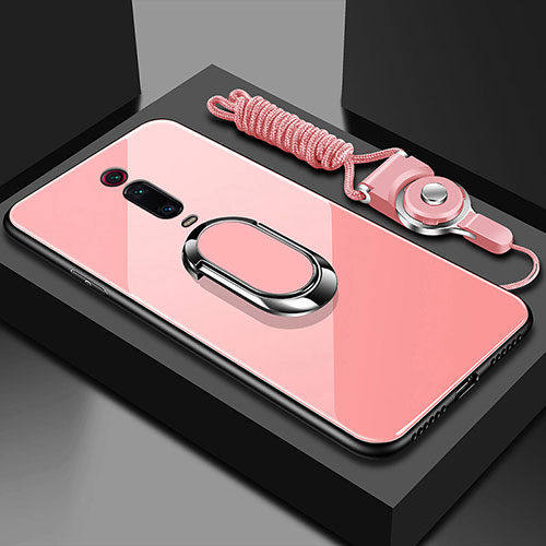 Silicone Frame Mirror Case Cover with Magnetic Finger Ring Stand T01 for Xiaomi Mi 9T Pink