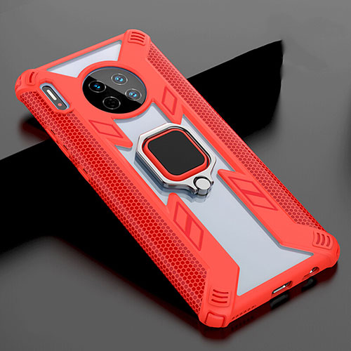 Silicone Frame Mirror Case Cover with Magnetic Finger Ring Stand T02 for Huawei Mate 30 Pro 5G Red