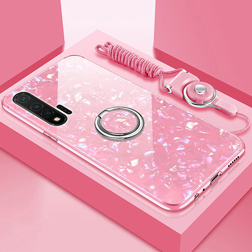 Silicone Frame Mirror Case Cover with Magnetic Finger Ring Stand T02 for Huawei Nova 6 5G Pink