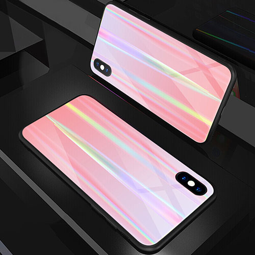 Silicone Frame Mirror Rainbow Gradient Case Cover A01 for Apple iPhone Xs Rose Gold