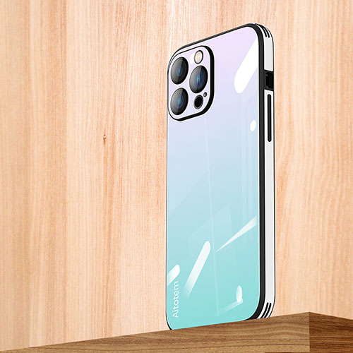 Silicone Frame Mirror Rainbow Gradient Case Cover AT1 for Apple iPhone 13 Pro Cyan