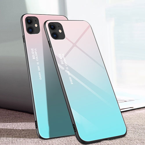 Silicone Frame Mirror Rainbow Gradient Case Cover for Apple iPhone 11 Sky Blue