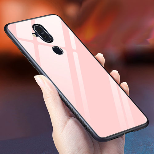 Silicone Frame Mirror Rainbow Gradient Case Cover for Nokia 7.1 Plus Rose Gold