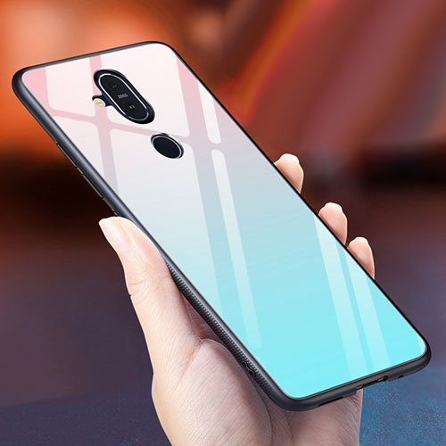 Silicone Frame Mirror Rainbow Gradient Case Cover for Nokia 7.1 Plus Sky Blue