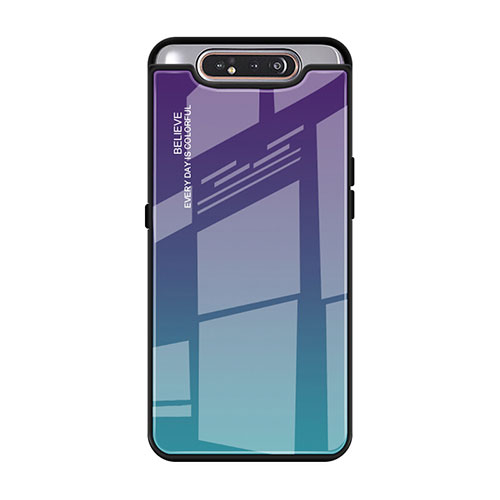Silicone Frame Mirror Rainbow Gradient Case Cover H01 for Samsung Galaxy A90 4G Cyan