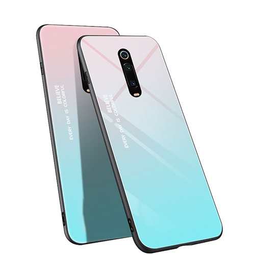 Silicone Frame Mirror Rainbow Gradient Case Cover H01 for Xiaomi Mi 9T Pro Cyan