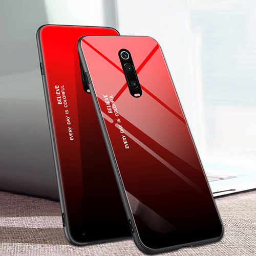 Silicone Frame Mirror Rainbow Gradient Case Cover H01 for Xiaomi Mi 9T Red