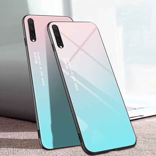Silicone Frame Mirror Rainbow Gradient Case Cover H01 for Xiaomi Mi A3 Cyan