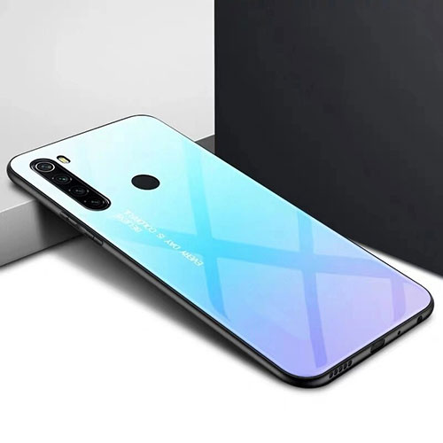 Silicone Frame Mirror Rainbow Gradient Case Cover H01 for Xiaomi Redmi Note 8 (2021) Cyan