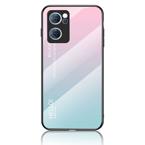 Silicone Frame Mirror Rainbow Gradient Case Cover LS1 for Oppo Reno7 5G Cyan