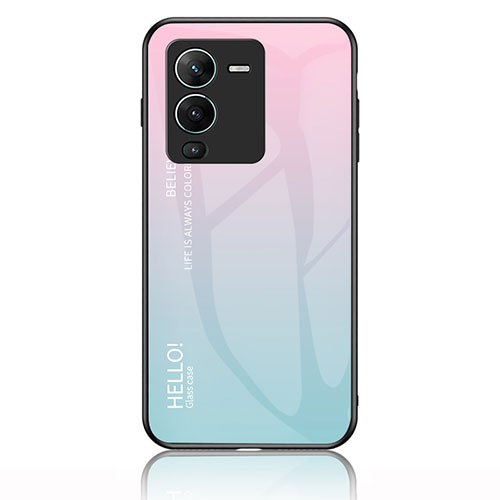 Silicone Frame Mirror Rainbow Gradient Case Cover LS1 for Vivo V25 Pro 5G Cyan